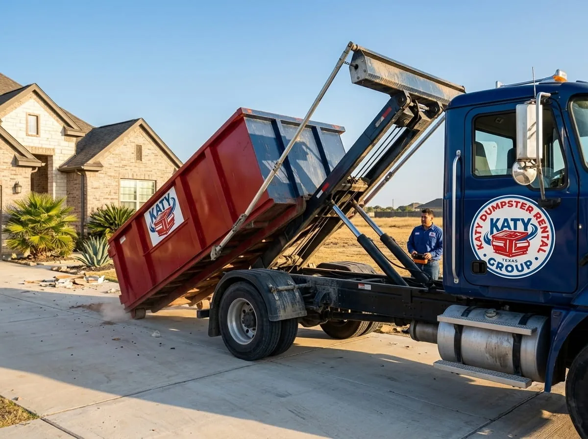 Roll-off truck tipping a container into place in Katy, Texas